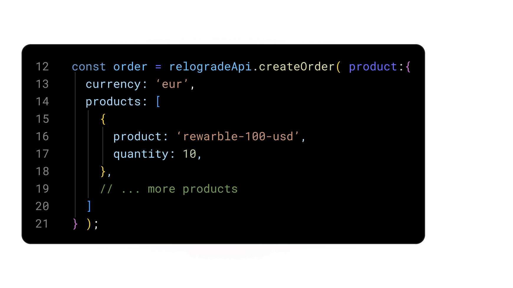 Code snippet showing the creation of an order using the 'relogradeApi.createOrder' function with product details, including currency and quantity of products